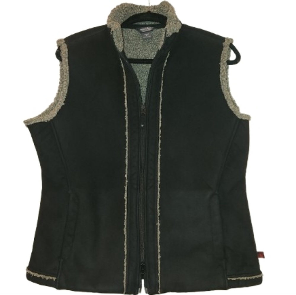 Woolrich Super Soft Black Faux Suede Vest Gray Inner Sherpa Size XL Full Zip